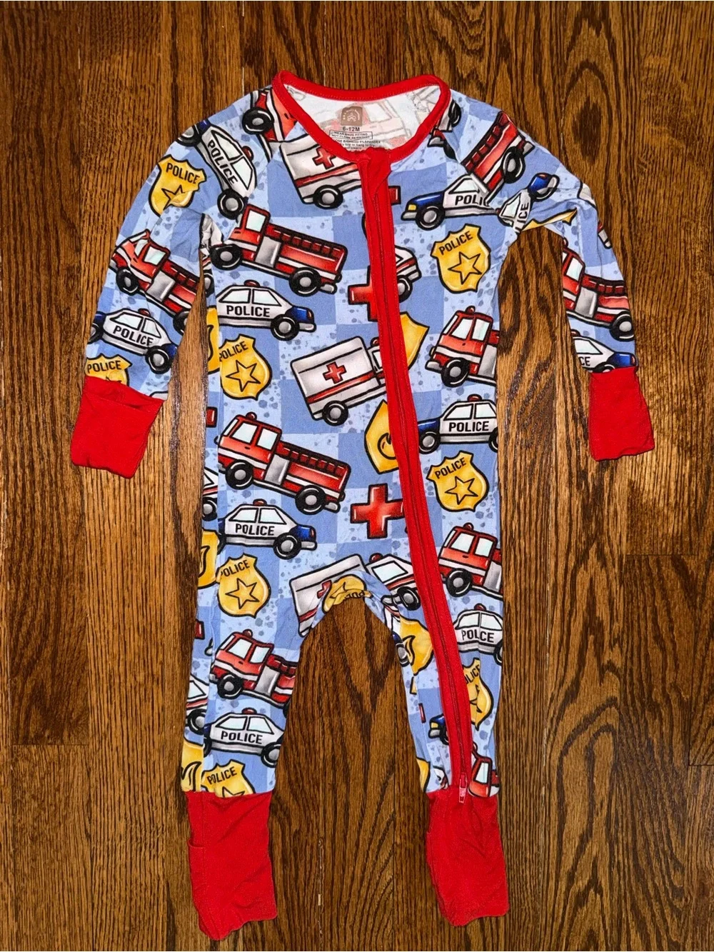 Kids Emergency Vehicles Footed One-Piece Pajamas - Blue with Red Trim